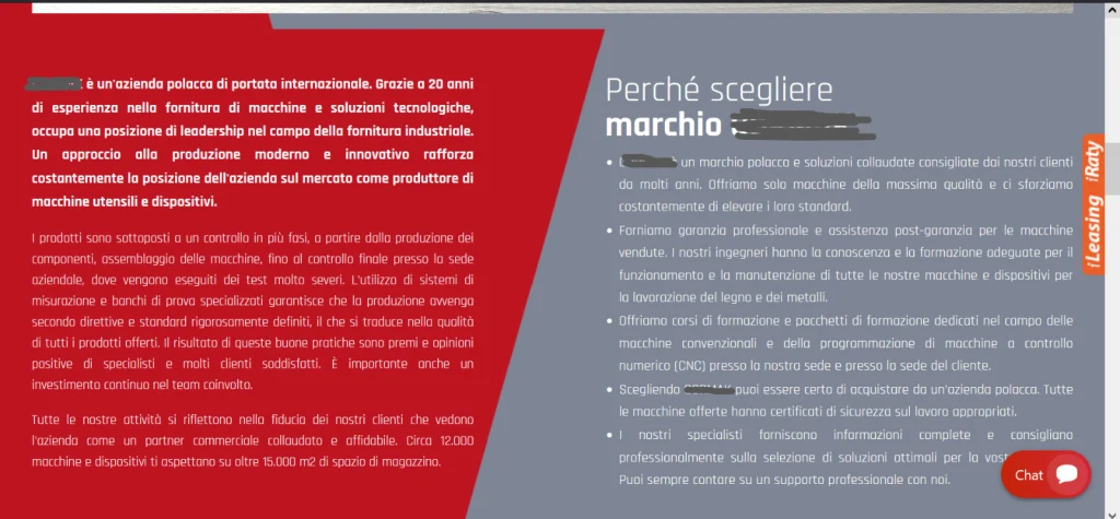 screenshot con la versione italiana del sito web di un'azienda polacca, un esempio che illustra la necessità di verifcare la qualità delle traduzioni