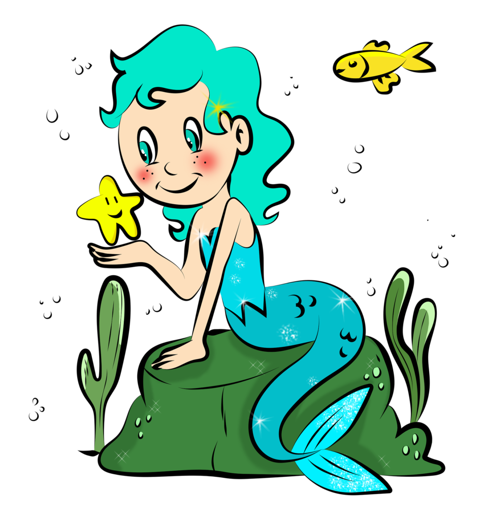 disegno di una sirena con capelli verdi e coda azzurra, tiene in mano una stella marina gialla