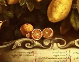 fragment obrazu Bartolomeo Bimbi, powiększenie przedstawiające przecięte na pół czerwone pomarańcze z Sycylii