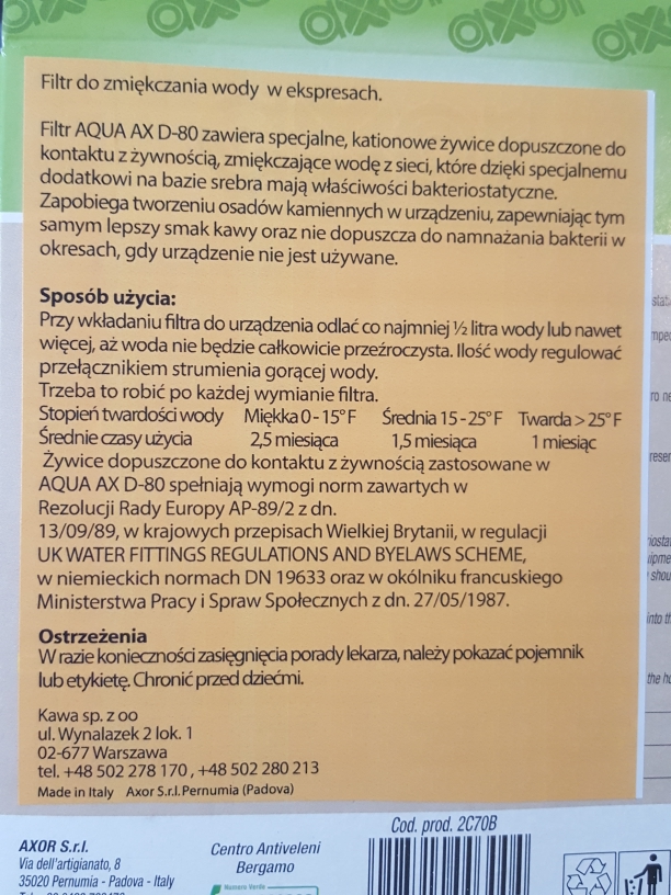 tekst etykiety filtra do zmiękczania wody w ekspresach, tłumaczony z włoskiego na polski