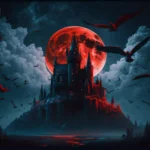 Illustrazione tenebrosa, ambiente notturno, castello infestato, luna rossa spaventosa, uccelli