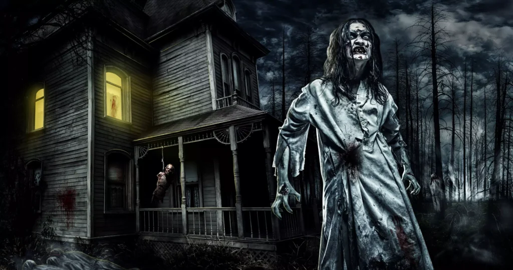 Atmosfera grozy i terroru, zombie i wiszący szkielet, nawiedzony dom