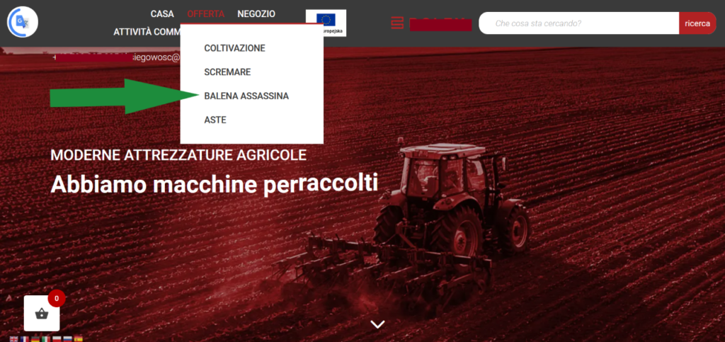 screenshot strony internetowej producenta maszyn rolniczych - przykład tłumaczenia bez uwzględnienia kontekstu