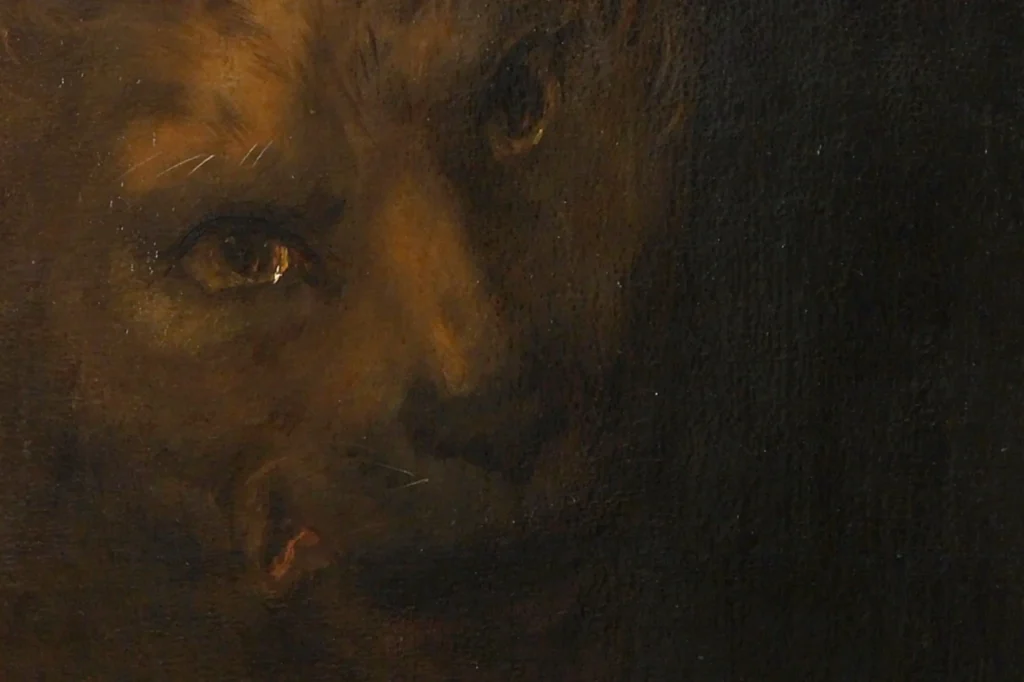 Zbliżenie na głowę lwa z obrazu Jusepe de Ribery w Muzeum Poldi Pezzoli w Mediolanie - niezwykły detal i ciekawostka o sztuce baroku.