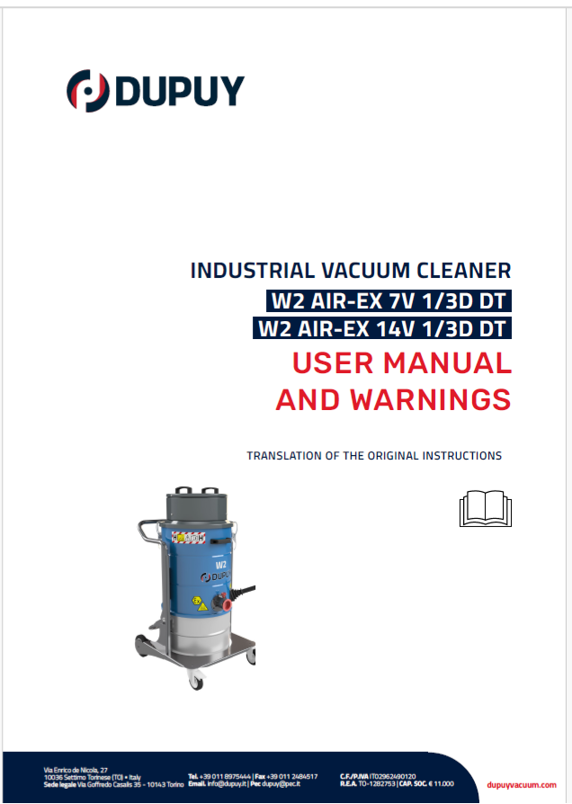 Oryginalna strona tytułowa instrukcji obsługi odkurzacza przemysłowego w języku angielskim.