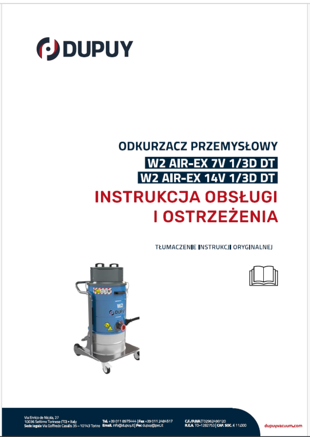 Strona tytułowa instrukcji obsługi odkurzacza przemysłowego przetłumaczonej na język polski.