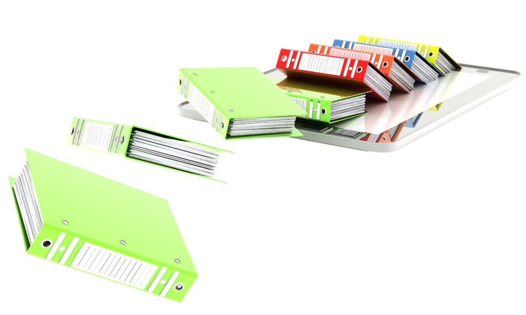 Segregatory z dokumentacją techniczną rozsypane na jednolitym tle, nawiązujące do pracy nad instrukcjami.