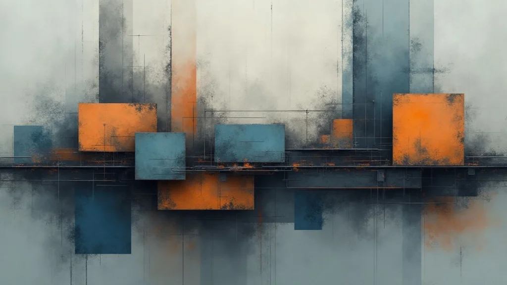 Abstrakcyjna, industrialna struktura warstwowa w odcieniach niebieskiego i pomarańczowego, symbolizująca podejście systemowe do dokumentacji technicznej