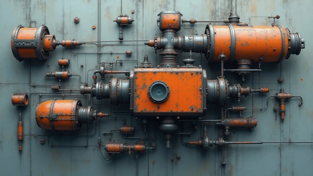 Abstrakcyjny, industrialny układ z centralnym modułem i rozchodzącymi się połączeniami, symbolizujący punkt decyzyjny w systemie technicznym