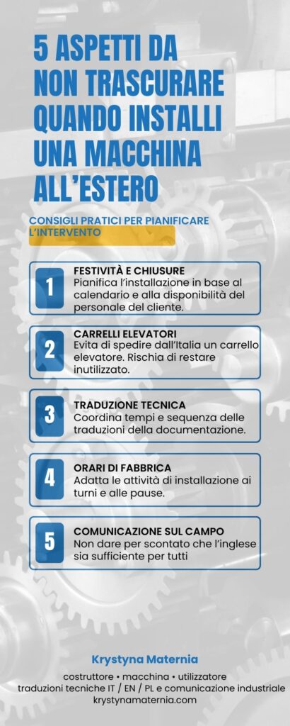 Infografica con 5 aspetti da non trascurare durante l’installazione di macchinari industriali all’estero: festività e chiusure, carrelli elevatori, traduzione della documentazione tecnica, orari di fabbrica e comunicazione sul campo.